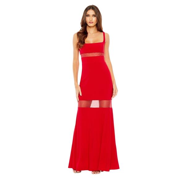 Mac Duggal NWT Sheer Mesh Panel Detail Column Gown in Red Size 6 - Picture 1 of 8